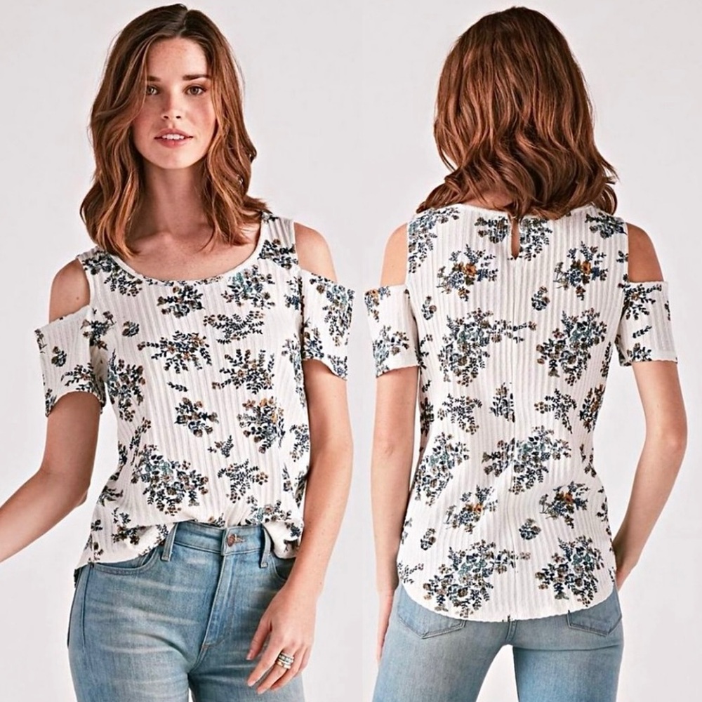 Lucky Brand Ivory Natural Floral Print Cold Shoulder Ribbed Knit Casual Top